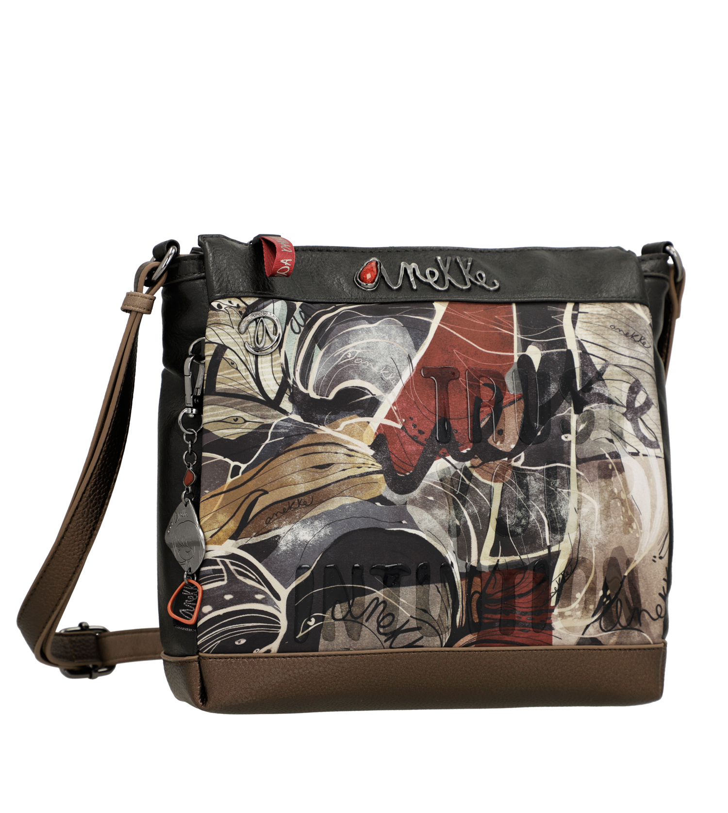 Bandolera Cross-body Bag Anekke multicolor, diseño artístico con compartimentos organizados y correa ajustable, ideal para un look moderno y funcional.