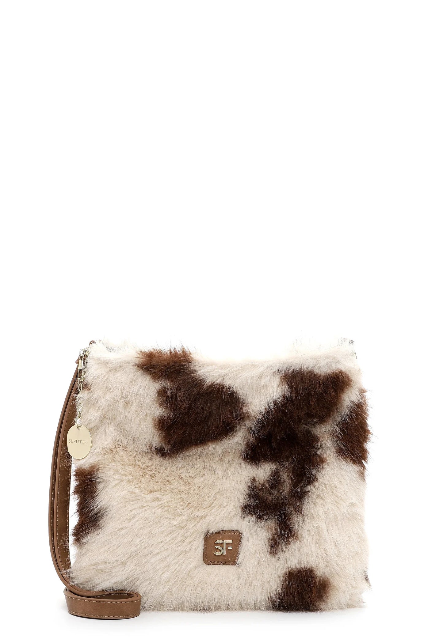 bolso bandolera vegano Suri Frey Misty con estampado cow y textura peluche, ideal para el invierno.