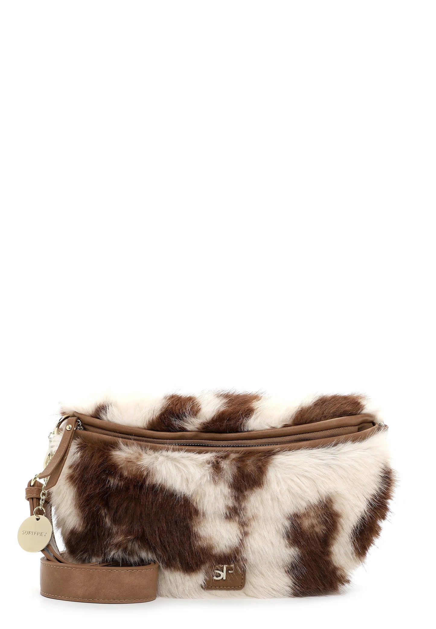 Bolso bandolera vegano Suri Frey Misty con efecto pelo y estampado vaca, cierre de cremallera.