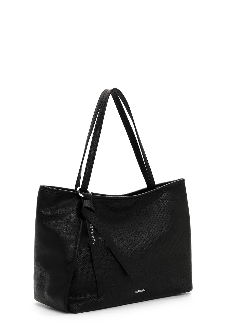Tote negro Suri Frey Macy mediano, efecto piel, con cremallera y asas al hombro.