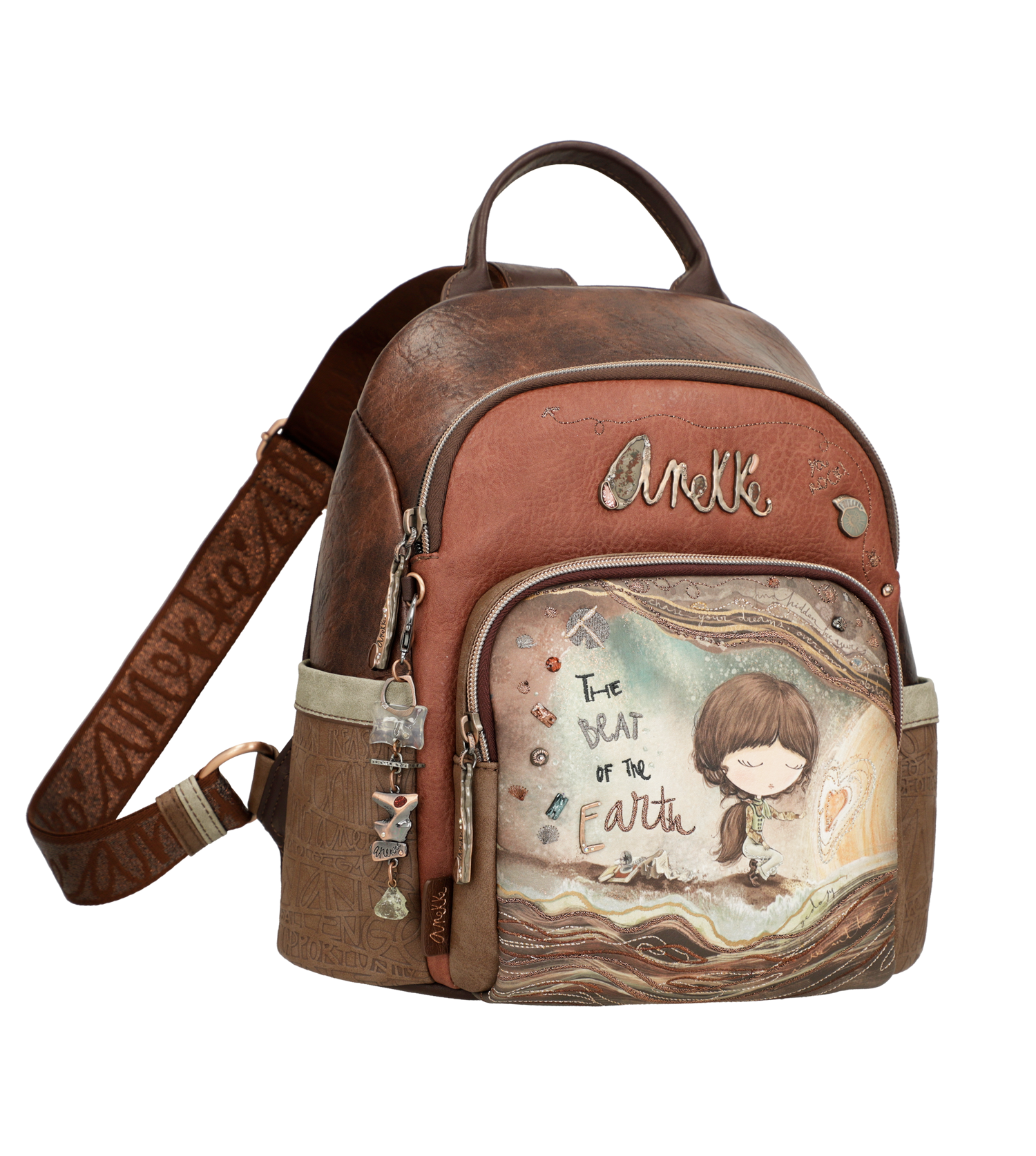 Mochila Anekke Earth inspirada en el núcleo de la Tierra, con diseño artístico multicolor y detalles decorativos que evocan la energía del interior del planeta.

