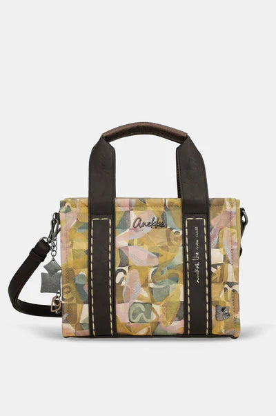 Bolso de mano vegano Anekke Bloom con estampado floral, asas marrón chocolate y bandolera ajustable