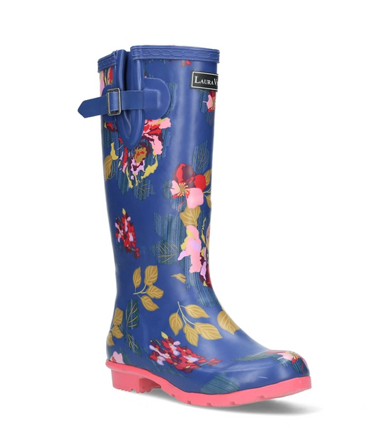 Botas de agua Laura Vita blancas con diseño floral y suela antideslizante.