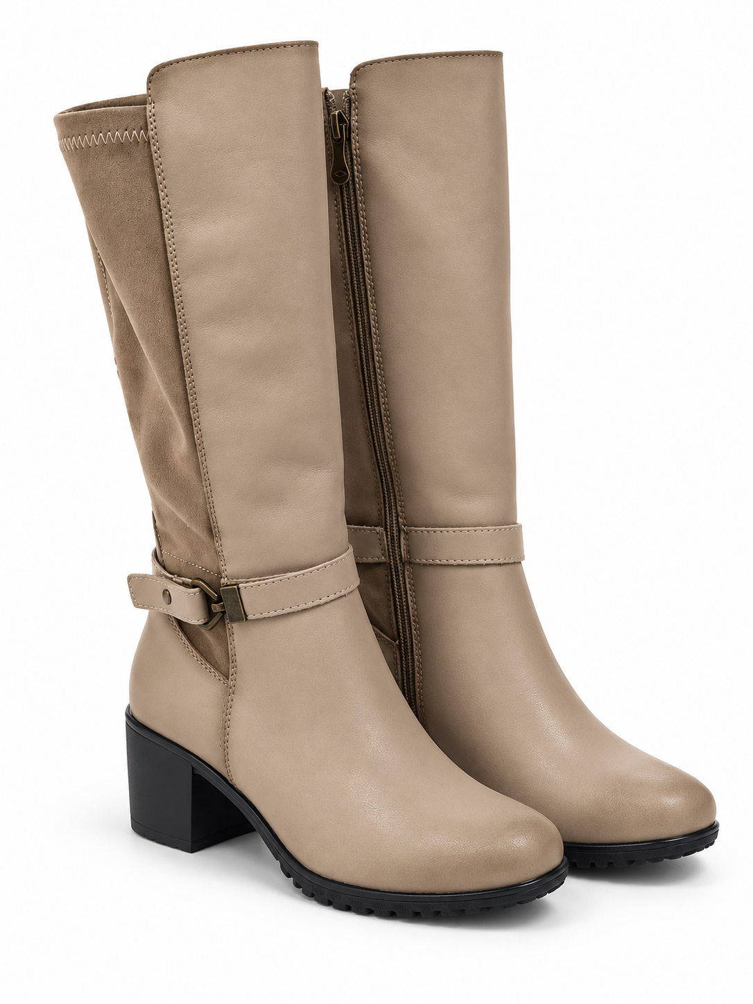 Bota alta de piel color piedra, modelo 5000, tacón ancho de 6 cm