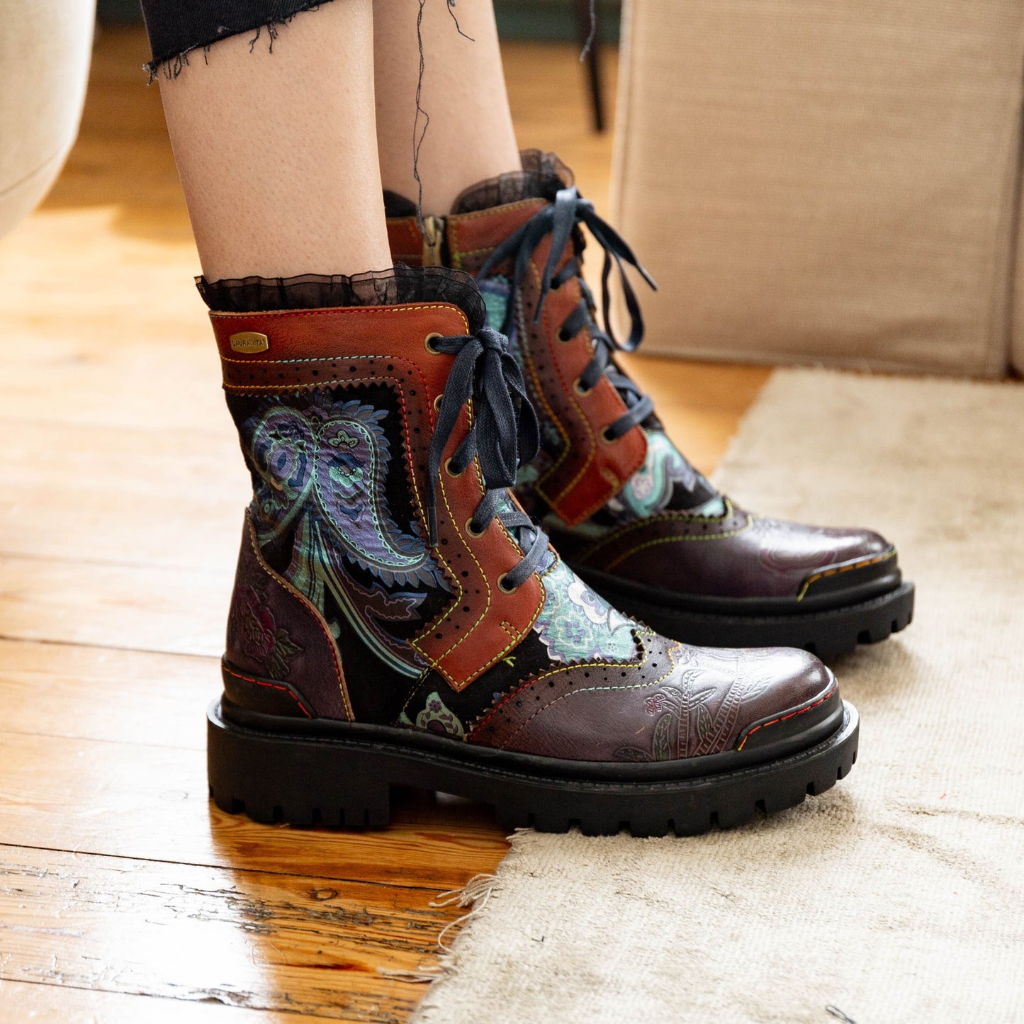 Botas de Piel Estilo Militar Laura Vita - Estampado Azul