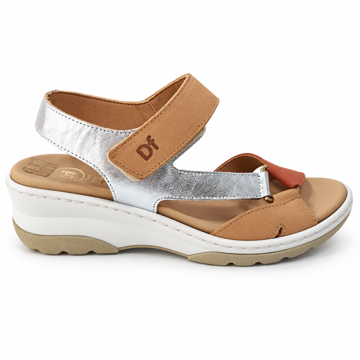 Sandalias Descanflex camel, teja y plata con plataforma de 5 cm y plantilla extraíble, vista lateral.