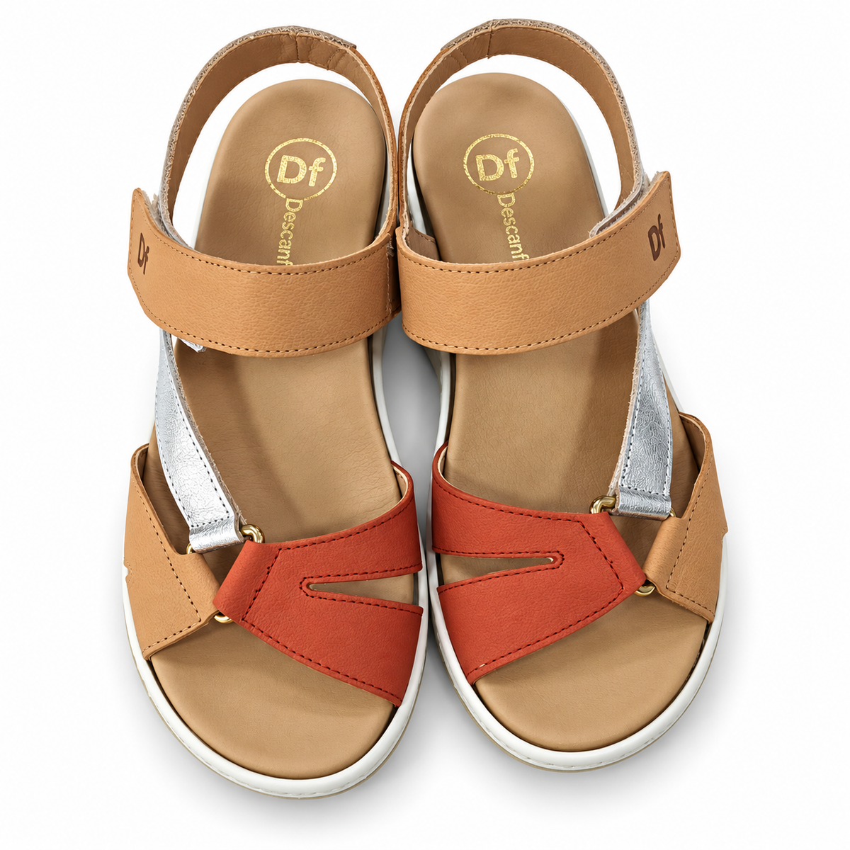 Sandalias Descanflex camel, teja y plata con plataforma de 5 cm y plantilla extraíble, vista superior del par.