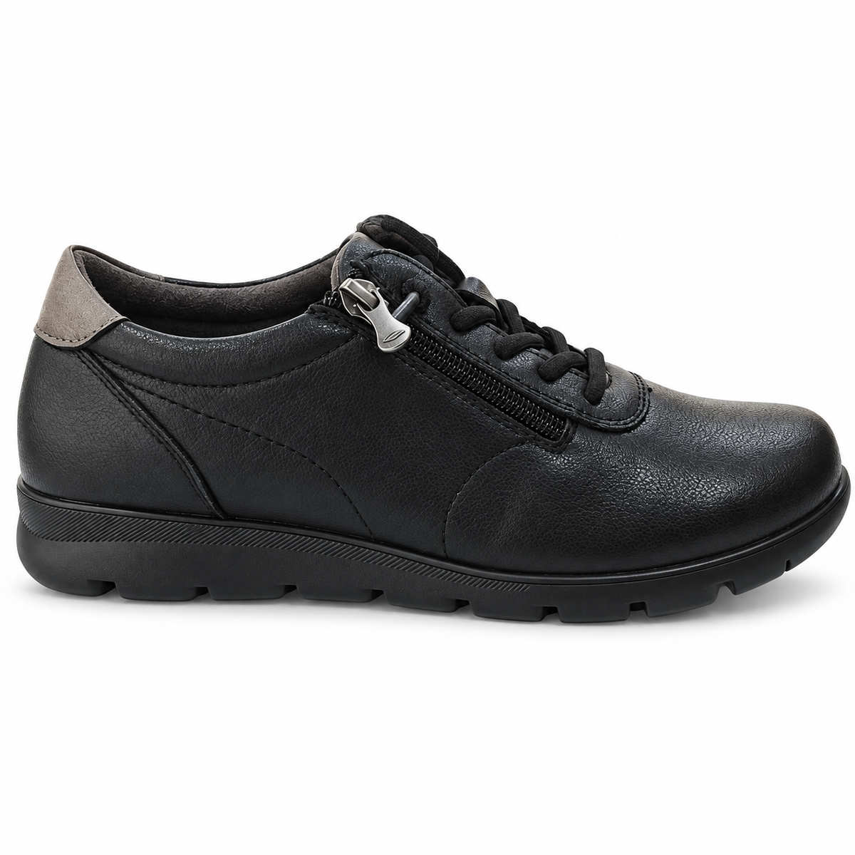 Zapatos de mujer Flexpies 1431 negros de piel con cremallera, vista lateral con cremallera