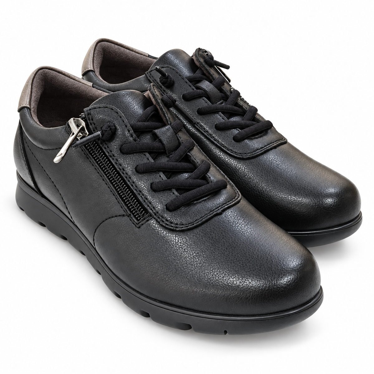 Zapatos de mujer Flexpies 1431 negros de piel con cremallera, vista del par en tres cuartos