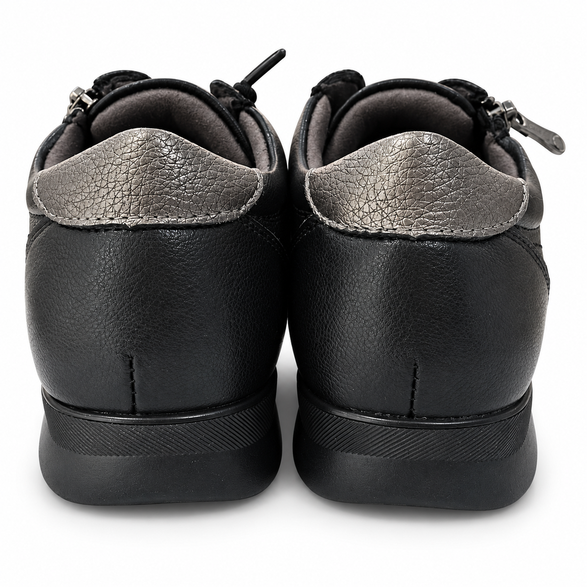 Zapatos de mujer Flexpies 1431 negros de piel con cremallera, vista trasera del par