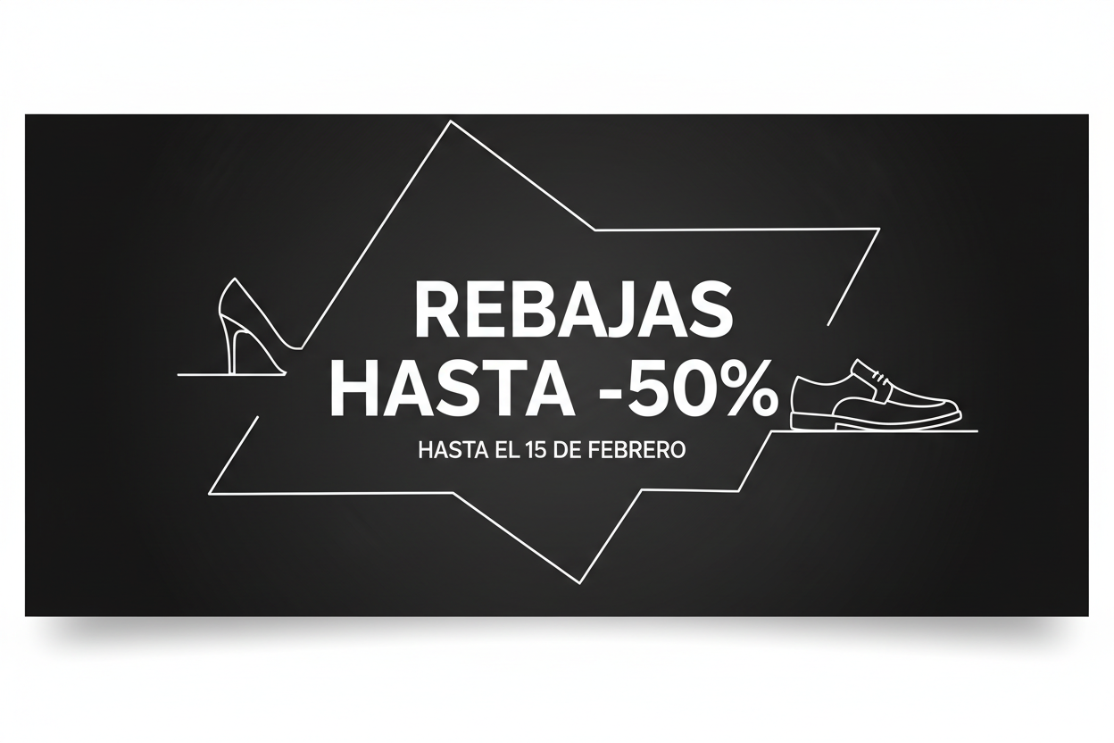 genera un banner de rebajas de temporada, en color en blanco y negro que ponga rebajas hasta -50% hasta el 15 de Febrero