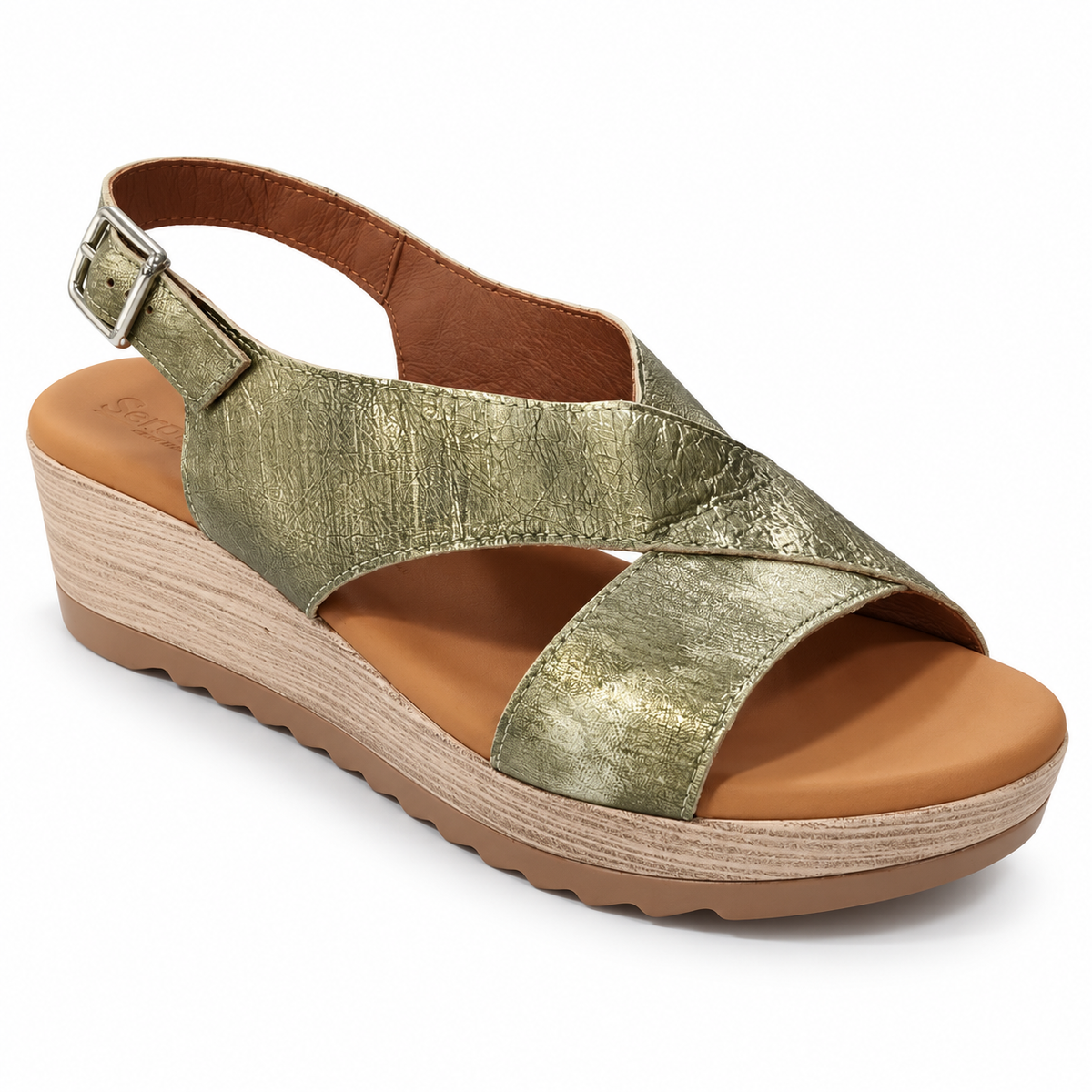 Sandalias Sergiotti Picasso kaki metalizadas con cuña de 5 cm, vista en tres cuartos.