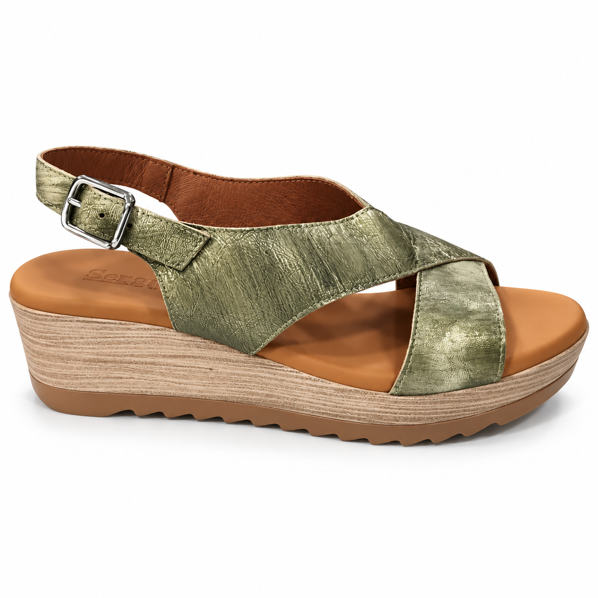 Sandalias Sergiotti Picasso kaki metalizadas con cuña de 5 cm, vista lateral.